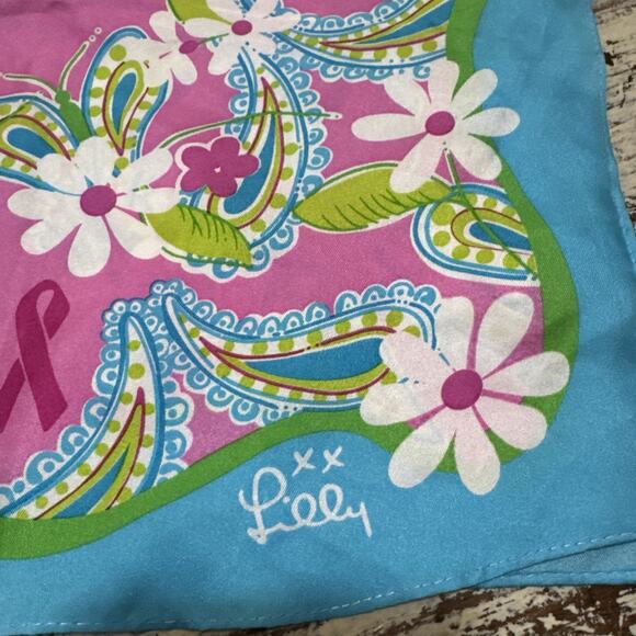 Lilly Pulitzer 100% Silk Scarf Paisley Butterfly Pink Ribbon Breast Cancer 56” - Picture 2 of 9